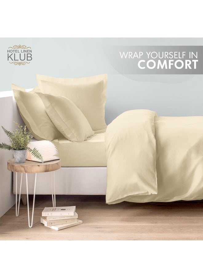 Hotel Linen Klub Double Duvet Cover 3PC Set - 350TC 100% Long Staple Cotton Sateen -Luxury Quality, Easy Button Closure, Size: 200x200cm + 2PC Pillow Sham 50 x 75+ 5cm, Beige