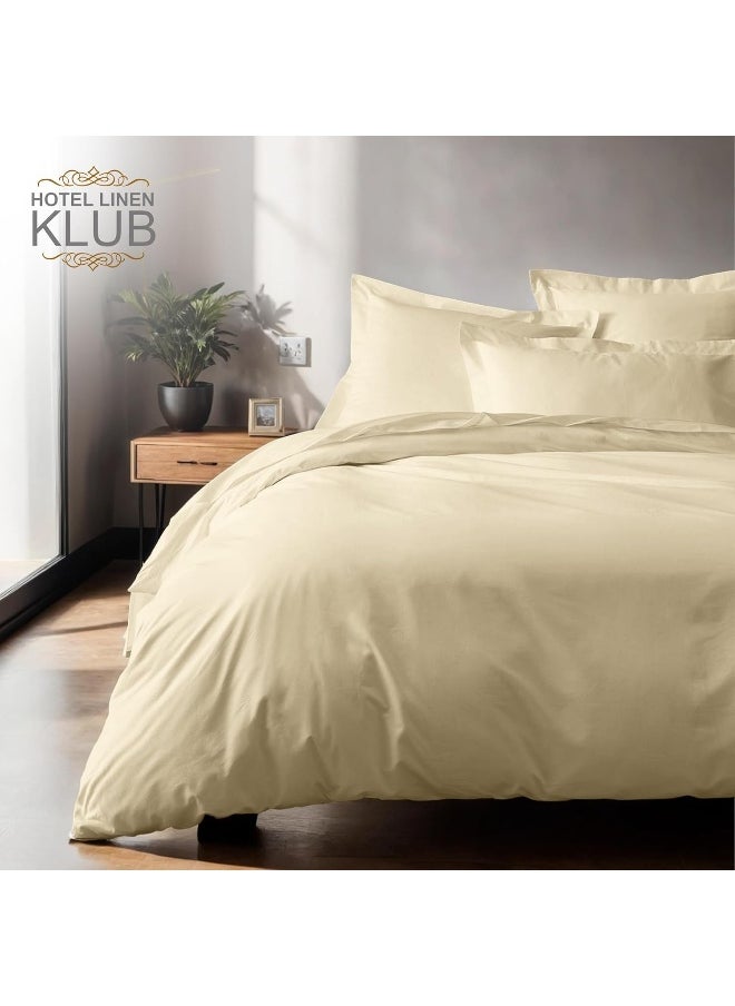 Hotel Linen Klub Double Duvet Cover 3PC Set - 350TC 100% Long Staple Cotton Sateen -Luxury Quality, Easy Button Closure, Size: 200x200cm + 2PC Pillow Sham 50 x 75+ 5cm, Beige