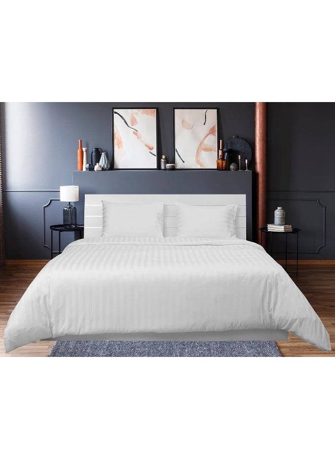 Hotel Linen Klub King Duvet Cover Set - 3 Pieces, Luxurious 100% Cotton Sateen with 250 Thread Count, Elegant 1-Inch Stripe Design, Size: 245 x 265 cm + 2 Pillowcases (50 x 75 cm), Classic White