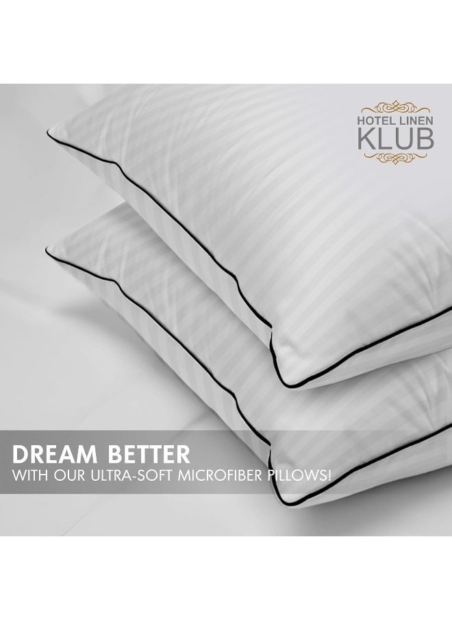 Hotel Linen Klub Pack of 2 Soft Microfiber Pillows (85 GSM) with 1 cm Stripe and Single Piping, White (50 x 90 cm), 2400 grams/pack, King