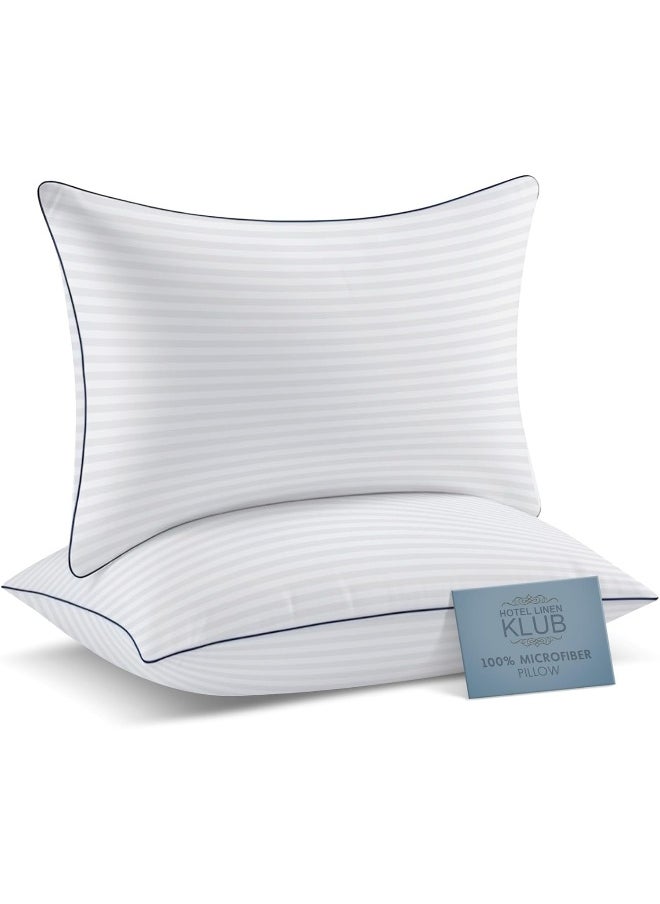 Hotel Linen Klub Pack of 2 Soft Microfiber Pillows (85 GSM) with 1 cm Stripe and Single Piping, White (50 x 90 cm), 2400 grams/pack, King