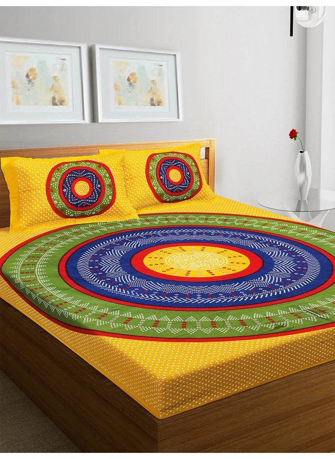 RajasthaniKart® Pure 100% Cotton Double Bed Sheet with 2 Pillow Covers (Bedsheet for Double Bed Cotton, Yellow, Bhandej)