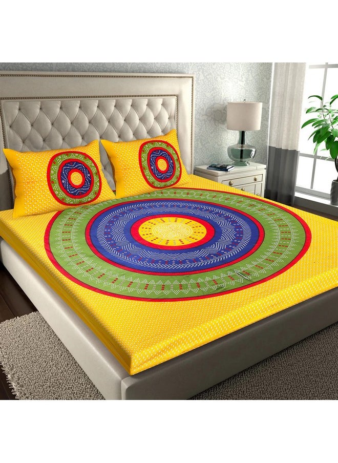 RajasthaniKart® Pure 100% Cotton Double Bed Sheet with 2 Pillow Covers (Bedsheet for Double Bed Cotton, Yellow, Bhandej)