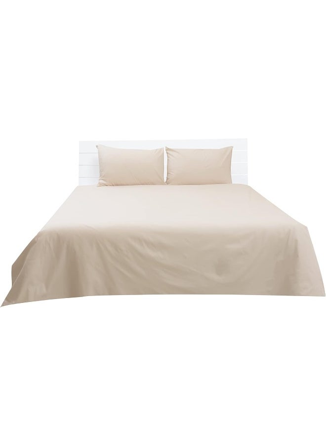 Hotel Linen Klub Double Flat Sheet 3-Piece Set - 180 Thread Count 100% Cotton Percale, Flat Sheet (220 x 240 cm) and 2-Piece Pillowcases (50 x 75 cm), Ultra-Soft and Durable Bedding, Stone