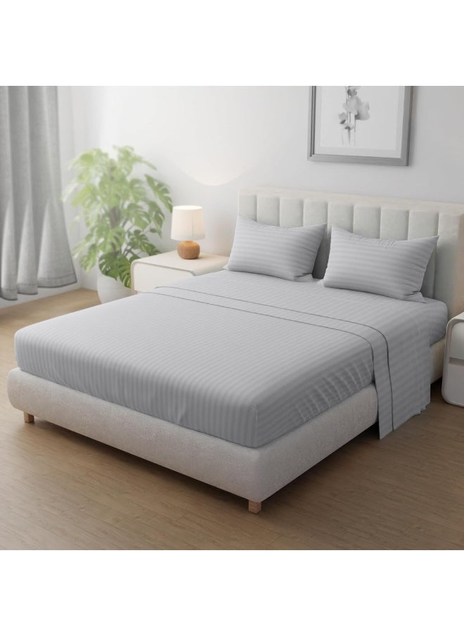 Hotel Linen Klub Striped Microfiber Fitted Sheet Set - Super King (200 x 200 cm) + 2 Pillowcases (50 x 75 cm), Premium Durable Quality and Deep Pocket for a Perfect Fit, Light Grey