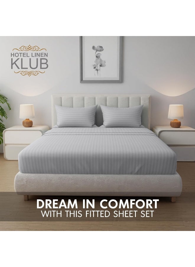 Hotel Linen Klub Striped Microfiber Fitted Sheet Set - Super King (200 x 200 cm) + 2 Pillowcases (50 x 75 cm), Premium Durable Quality and Deep Pocket for a Perfect Fit, Light Grey