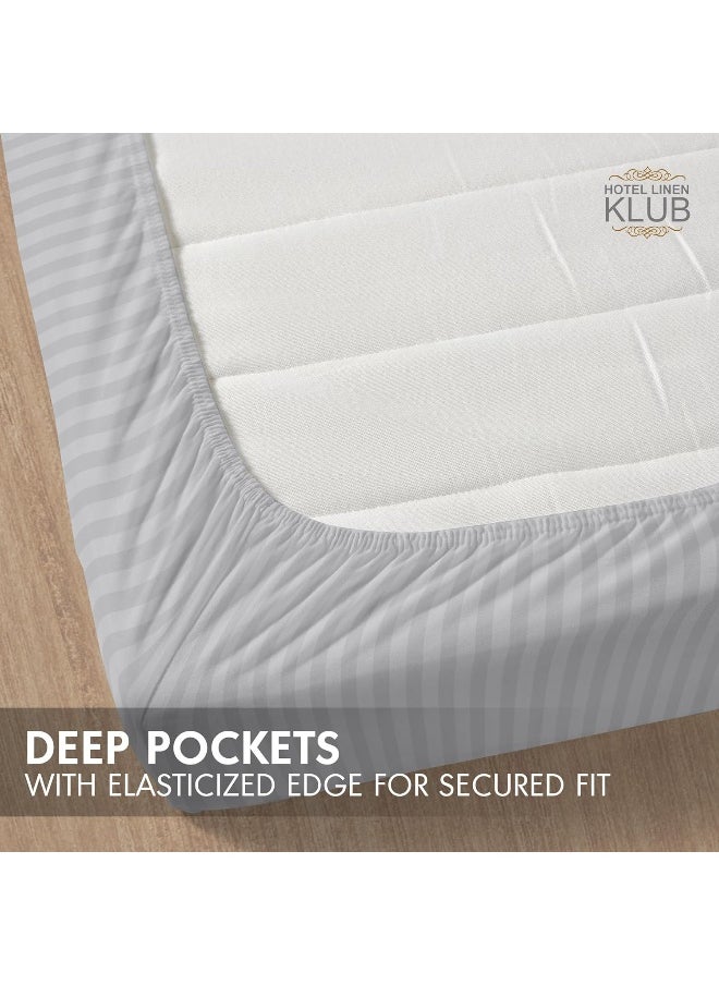 Hotel Linen Klub Striped Microfiber Fitted Sheet Set - Super King (200 x 200 cm) + 2 Pillowcases (50 x 75 cm), Premium Durable Quality and Deep Pocket for a Perfect Fit, Light Grey