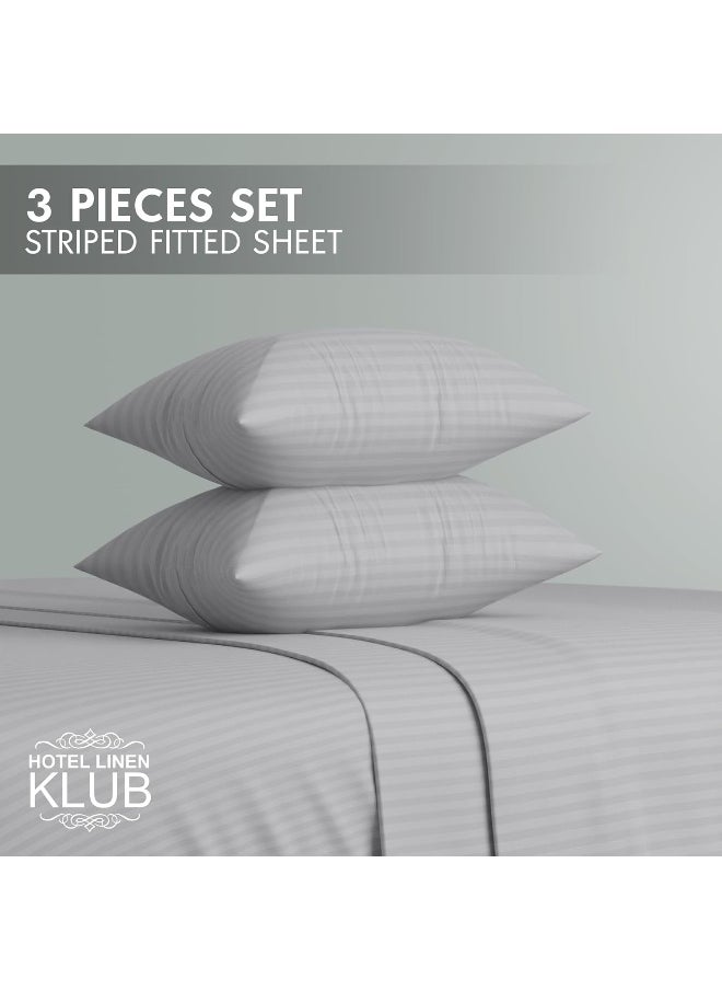 Hotel Linen Klub Striped Microfiber Fitted Sheet Set - Super King (200 x 200 cm) + 2 Pillowcases (50 x 75 cm), Premium Durable Quality and Deep Pocket for a Perfect Fit, Light Grey