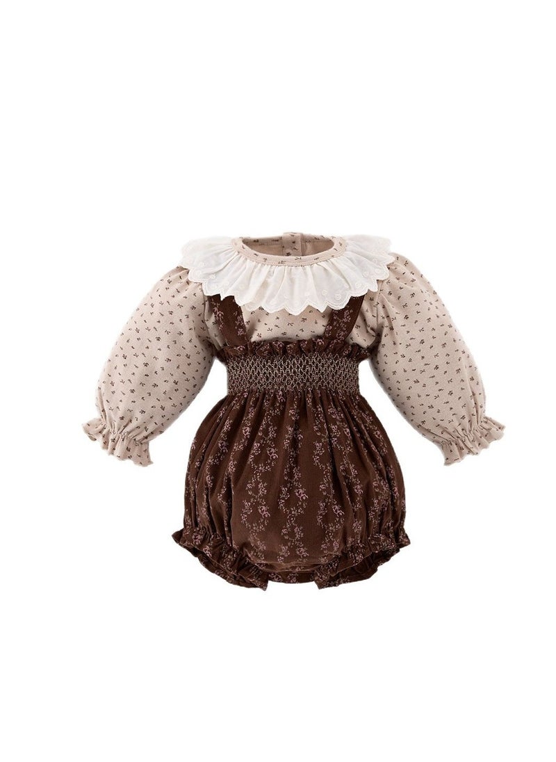 Baby Retro Floral Collar Base Shirt Top+Overalls Bag Fart Pants
