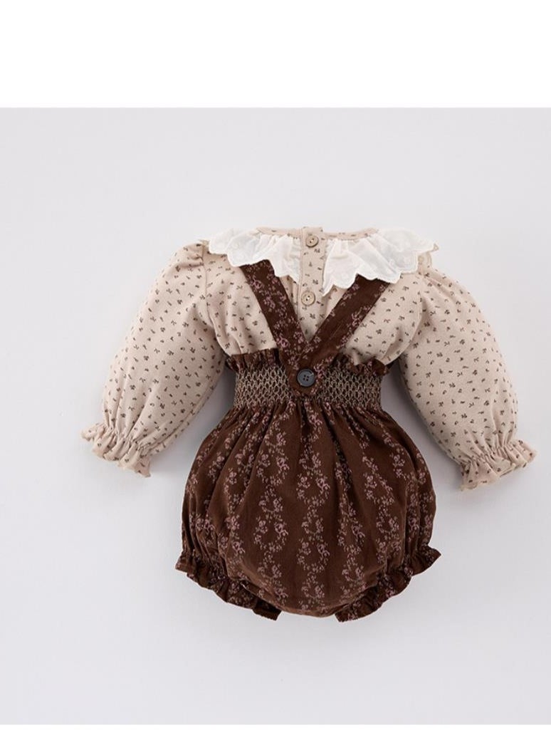 Baby Retro Floral Collar Base Shirt Top+Overalls Bag Fart Pants