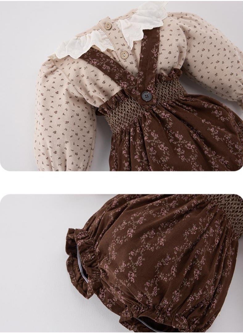 Baby Retro Floral Collar Base Shirt Top+Overalls Bag Fart Pants