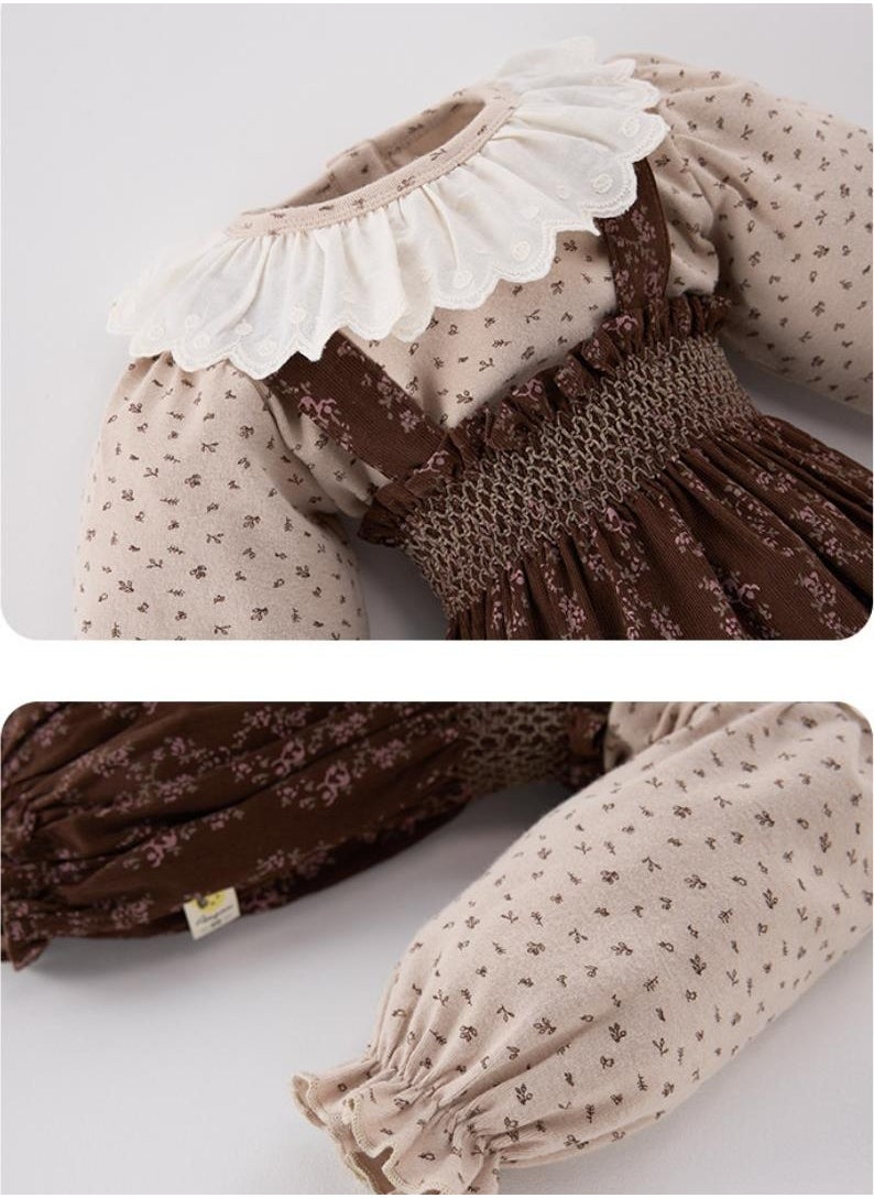 Baby Retro Floral Collar Base Shirt Top+Overalls Bag Fart Pants