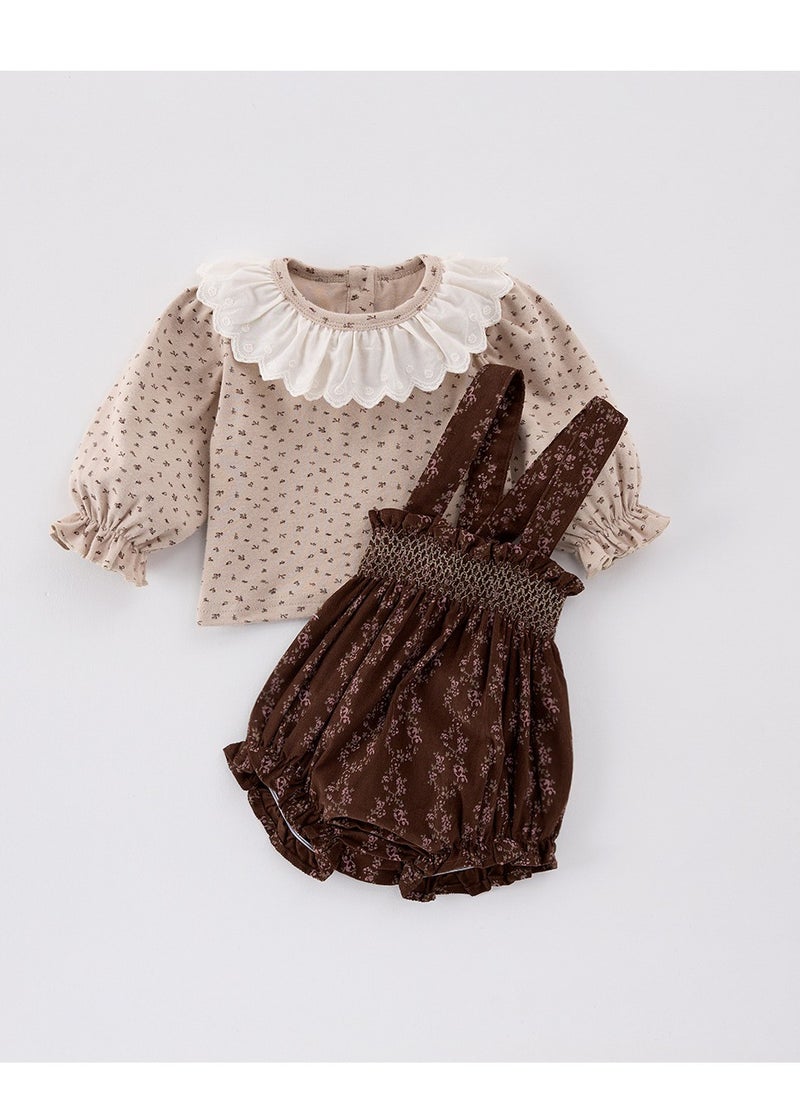 Baby Retro Floral Collar Base Shirt Top+Overalls Bag Fart Pants