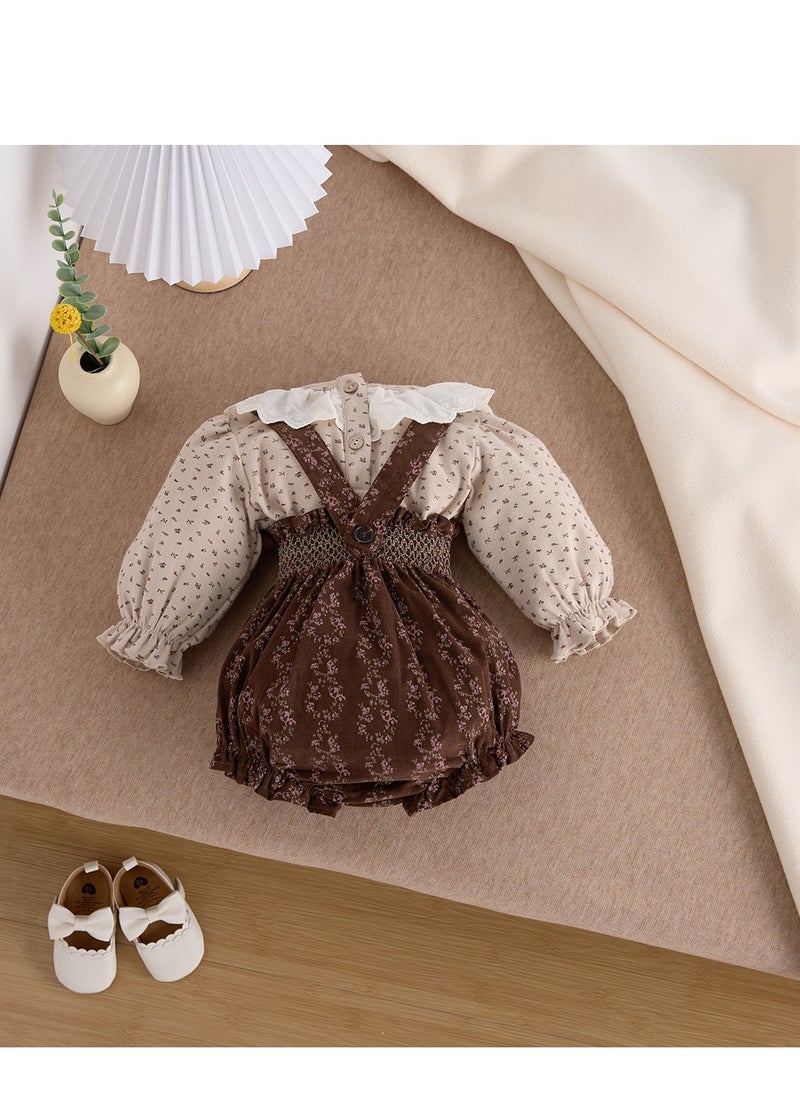 Baby Retro Floral Collar Base Shirt Top+Overalls Bag Fart Pants
