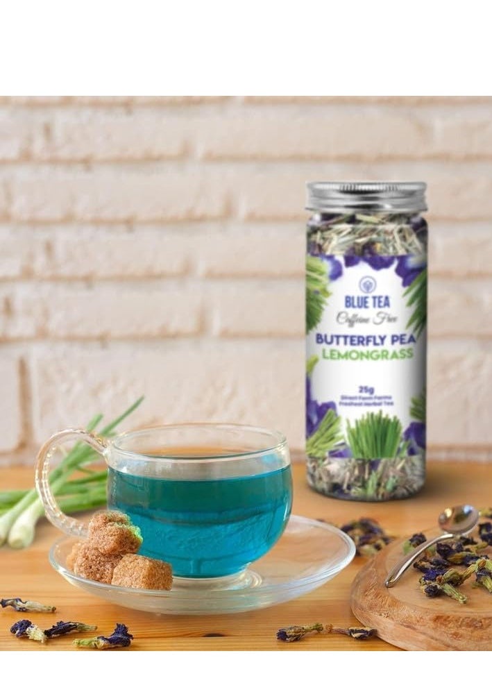 BLUE TEA - Butterfly Pea Flower Lemongrass Tea - 25gm - 25 Cups | GOOD FOR HAIR & SKIN | Caffeine Free - Flower Based - Herbal Tea - Non GMO | Featured In Shark Tank | Reusable Pet Jar