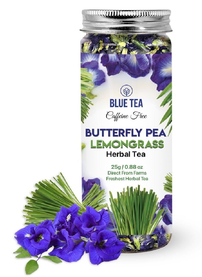 BLUE TEA - Butterfly Pea Flower Lemongrass Tea - 25gm - 25 Cups | GOOD FOR HAIR & SKIN | Caffeine Free - Flower Based - Herbal Tea - Non GMO | Featured In Shark Tank | Reusable Pet Jar