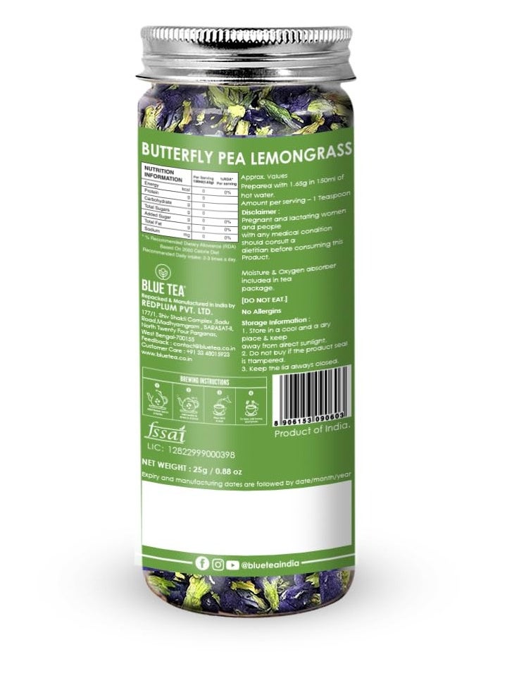 BLUE TEA - Butterfly Pea Flower Lemongrass Tea - 25gm - 25 Cups | GOOD FOR HAIR & SKIN | Caffeine Free - Flower Based - Herbal Tea - Non GMO | Featured In Shark Tank | Reusable Pet Jar