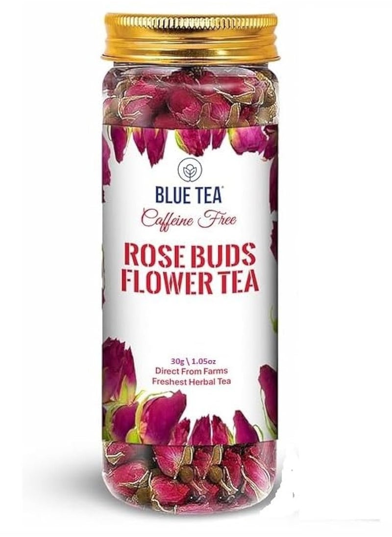 BLUE TEA - Rose Buds Tea - 30gm - 30 Cups | RICH VITAMIN-C | Beautiful Hair & Skin - Caffeine Free - 100% Natural - Flower Based - Herbal Tea - Non-GMO | Featured In Shark Tank | Pet Jar Pack
