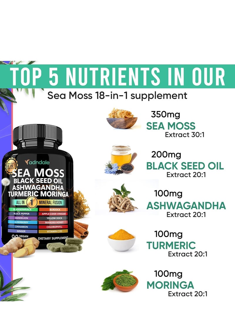 Sea Moss Black Seed Oil Ashwagandha Ginger Capsules. Sea Moss Capsules with Black Seed Oil, Ashwagandha, Turmeric, Moringa, Bladderwrack, Burdock Root, Manuka Honey, Cinnamon.