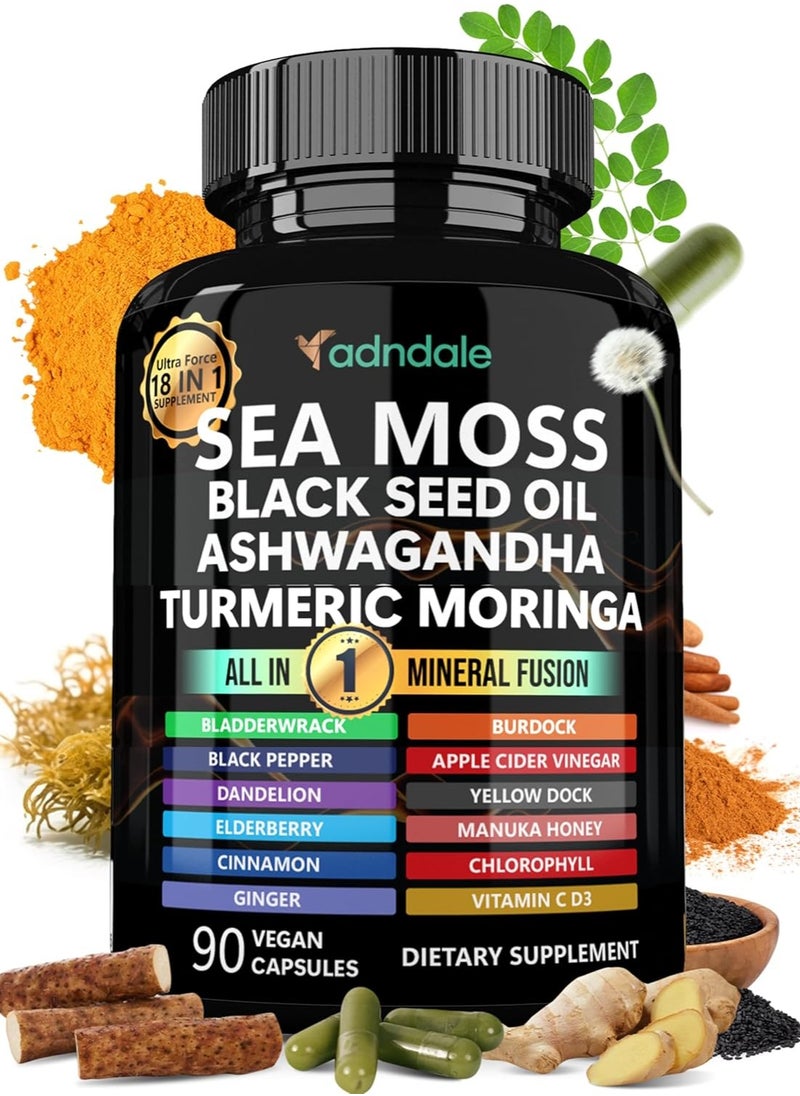 Sea Moss Black Seed Oil Ashwagandha Ginger Capsules. Sea Moss Capsules with Black Seed Oil, Ashwagandha, Turmeric, Moringa, Bladderwrack, Burdock Root, Manuka Honey, Cinnamon.