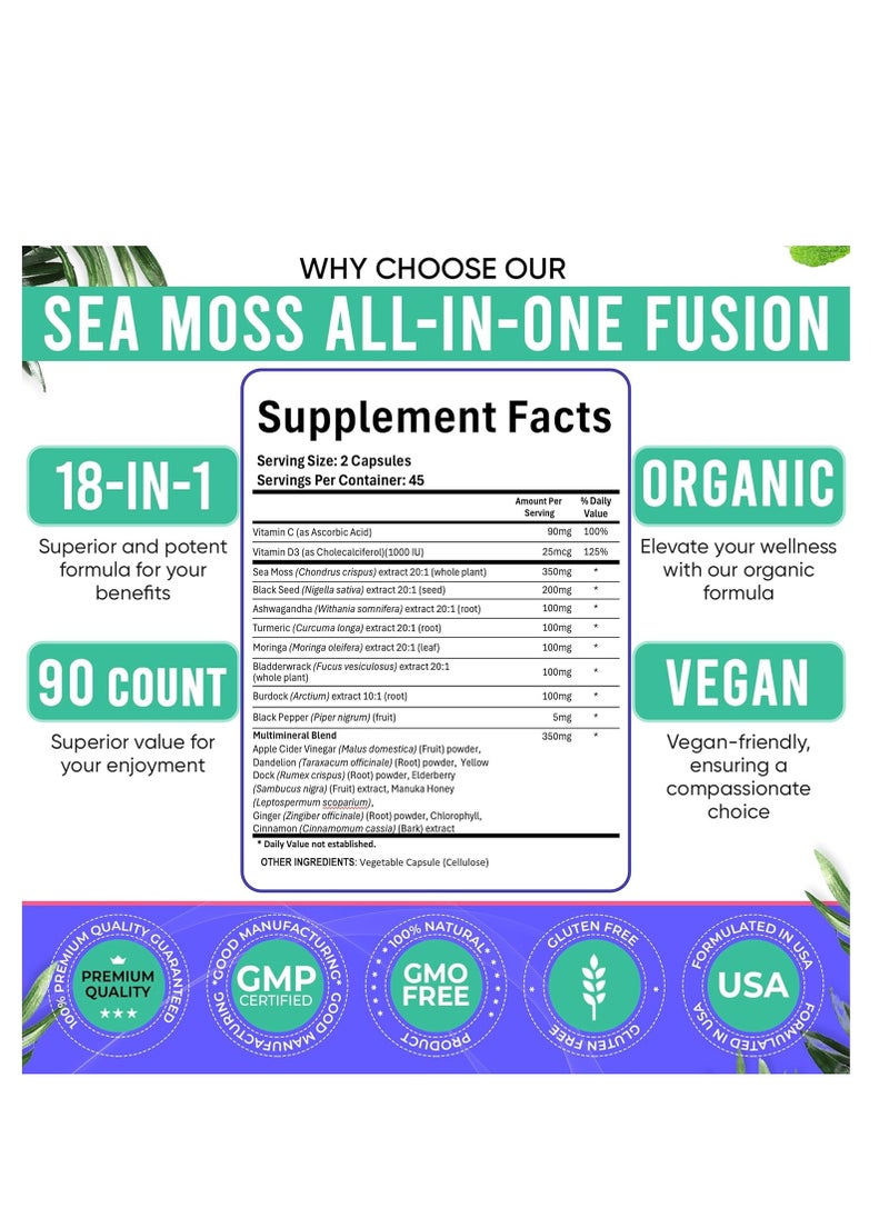 Sea Moss Black Seed Oil Ashwagandha Ginger Capsules. Sea Moss Capsules with Black Seed Oil, Ashwagandha, Turmeric, Moringa, Bladderwrack, Burdock Root, Manuka Honey, Cinnamon.