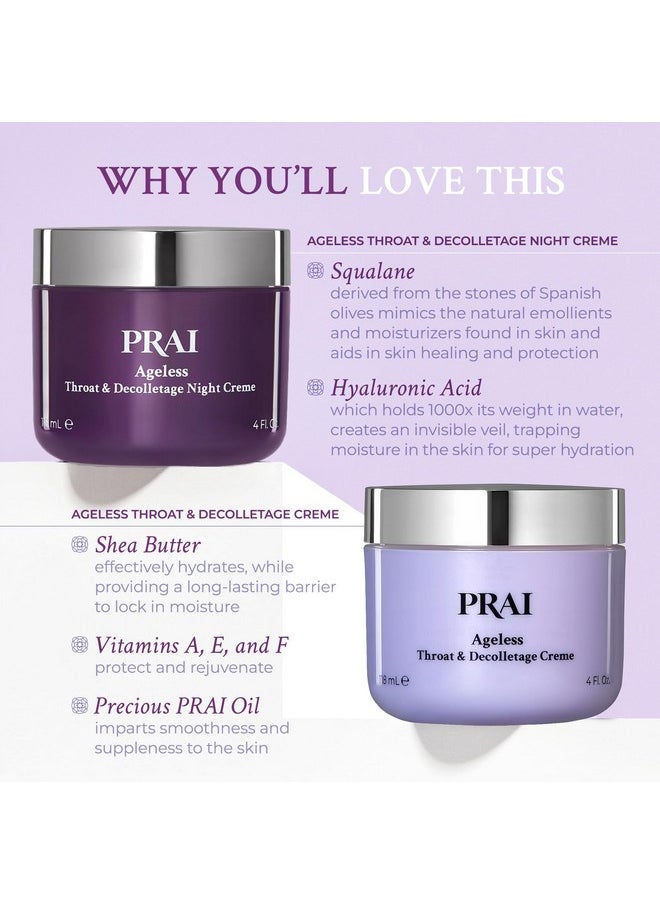 PRAI Beauty Ageless Day and Night Neck Creme Set | 1 Throat & Decolletage Day Creme and 1 Throat & Decolletage Night Creme | Skin Tightening Cream Set for Instantly Ageless Neck | 4.0 Oz Each