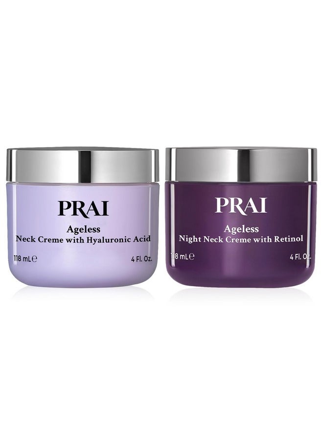 PRAI Beauty Ageless Day and Night Neck Creme Set | 1 Throat & Decolletage Day Creme and 1 Throat & Decolletage Night Creme | Skin Tightening Cream Set for Instantly Ageless Neck | 4.0 Oz Each