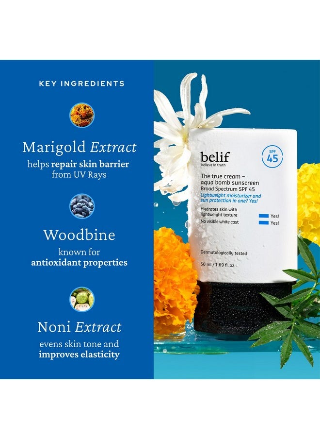 belif Aqua Bomb SPF 45 Hydrating Niacinamide Sunscreen (1.69 fl. oz) - The True Cream PA++++, Daily Broad Spectrum, No White Cast, Weightless & Invisible, Non-Greasy, Korean Skincare