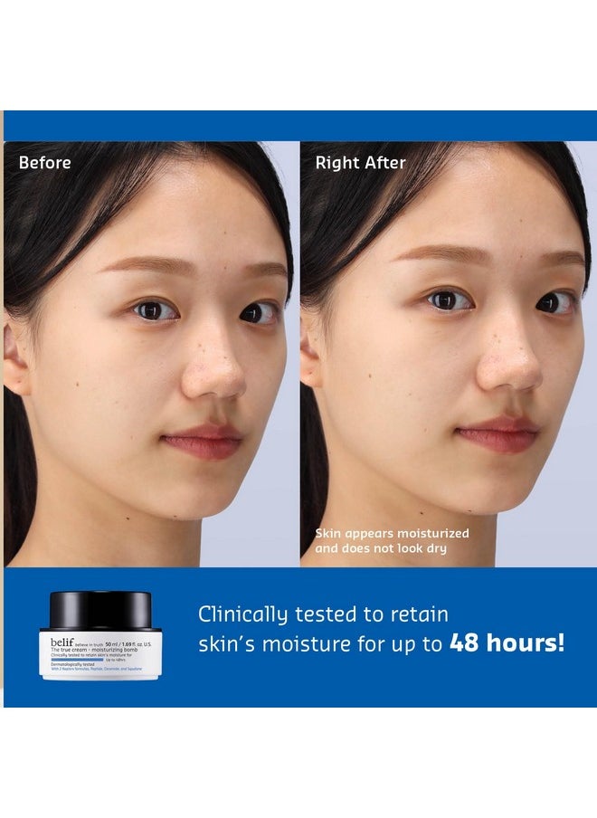 belif The True Cream Moisturizing Bomb 50ml, 48hrs of Moisture & Hydration, Peptide, Ceramide, Squalane, Restores Skin Barrier, Daily Face Cream, For All Skin Types, Korean Skin Care Moisturizer