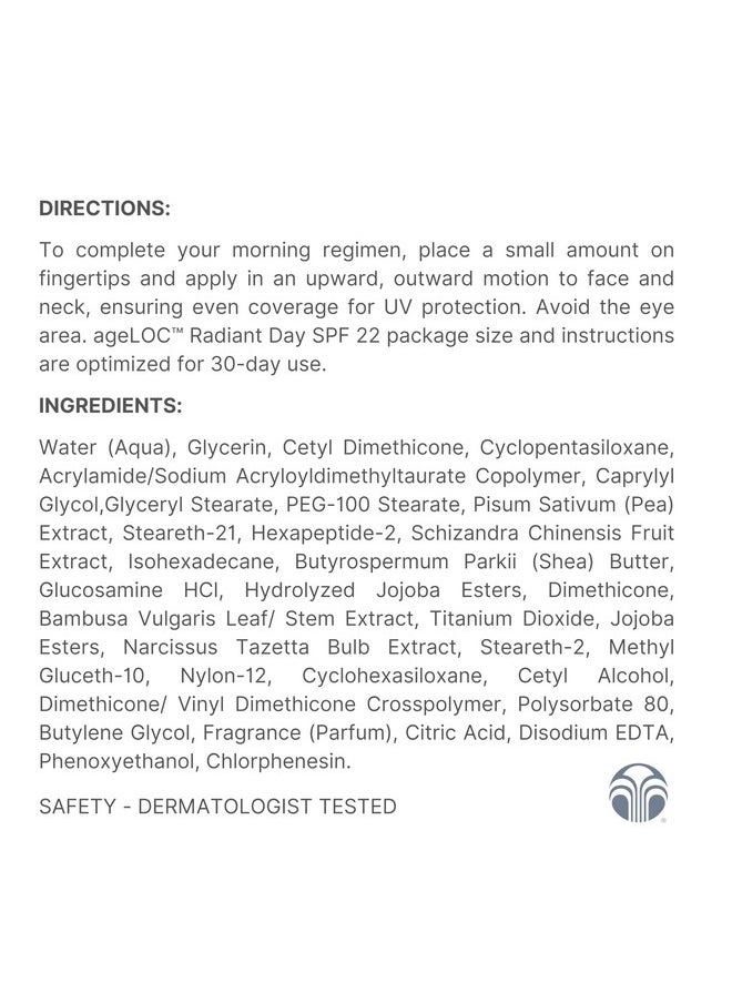 Nu Skin ageLOC Radiant Day SPF 22 | Broad-Spectrum UV Protection | Lightweight, Non-Greasy Daily Sunscreen | Supports Skin Hydration & Defense | Daily Skin Care | 30-Day Supply