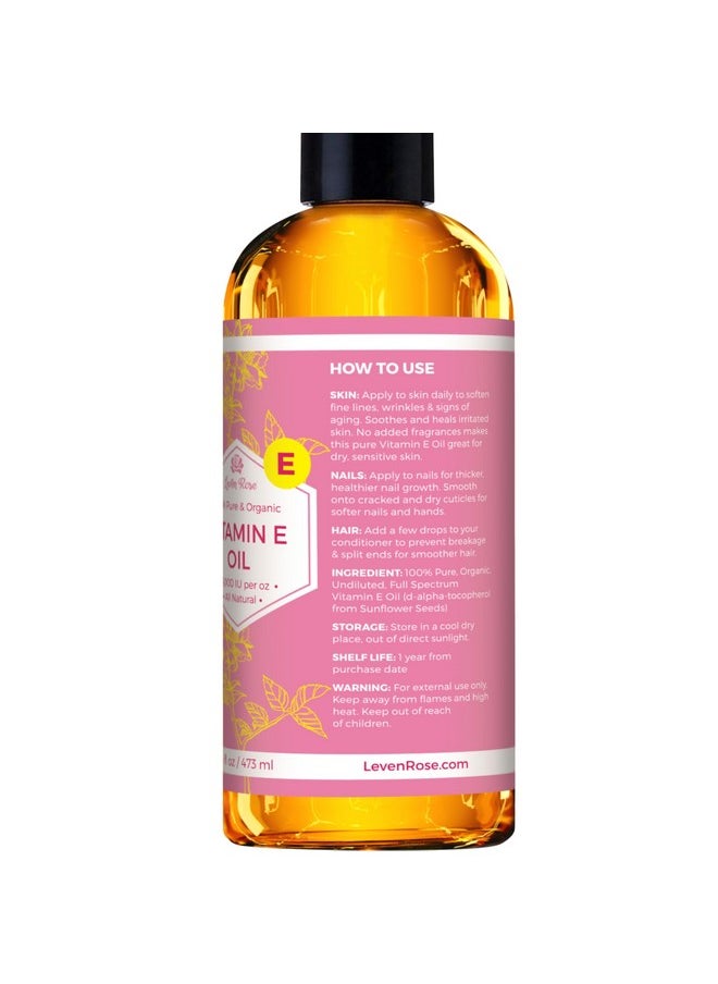 Leven Rose Bulk Vitamin E Oil 75,000 IU per oz 100% Natural, Organic, Pure Vitamin E Oil for Skin, Face, Hair, and Nails, 16 oz