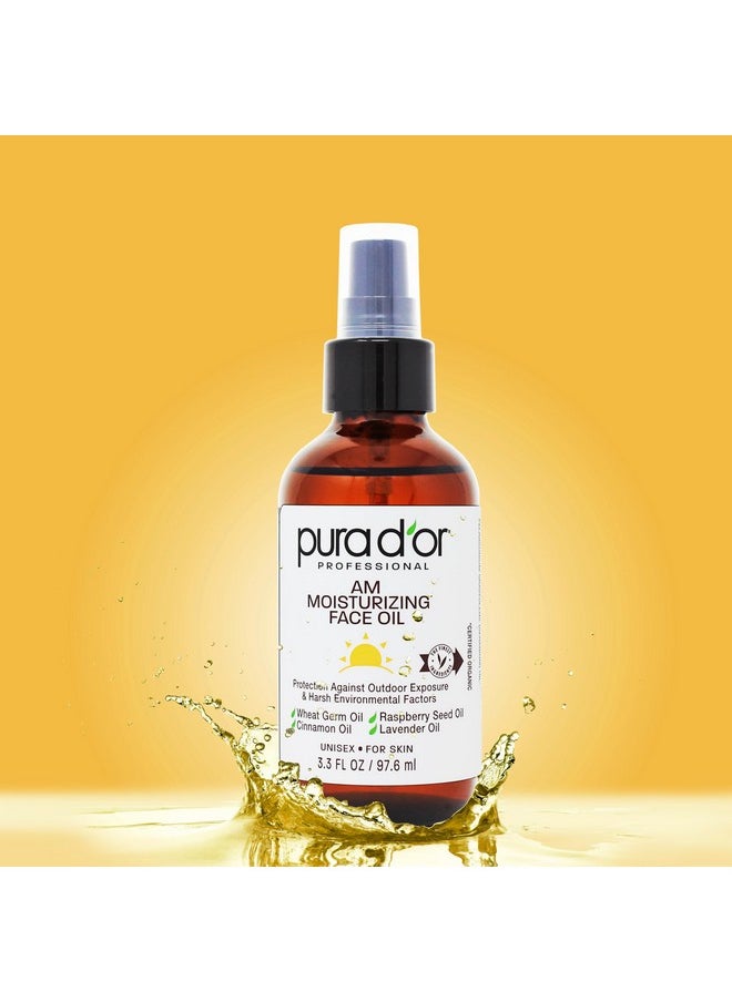 PURA D'OR 3.3 Oz ORGANIC AM Moisturizing Face Oil - Morning Glow Hydrating Skincare -Lightweight Moisturizer for Glowing Skin - All Natural, Vegan, Paraben-Free - Women & Men
