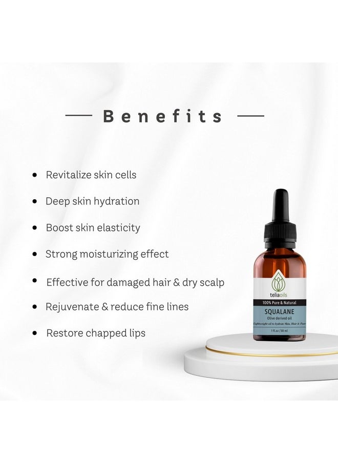 Teliaoils Squalane Oil for face - 100% Plant-Based Oil from Olives - Natural Moisturizer for Face, Skin, and Hair - Improves Skin Elasticity - Lightweight & Fast Absorbing Hydration - 1oz