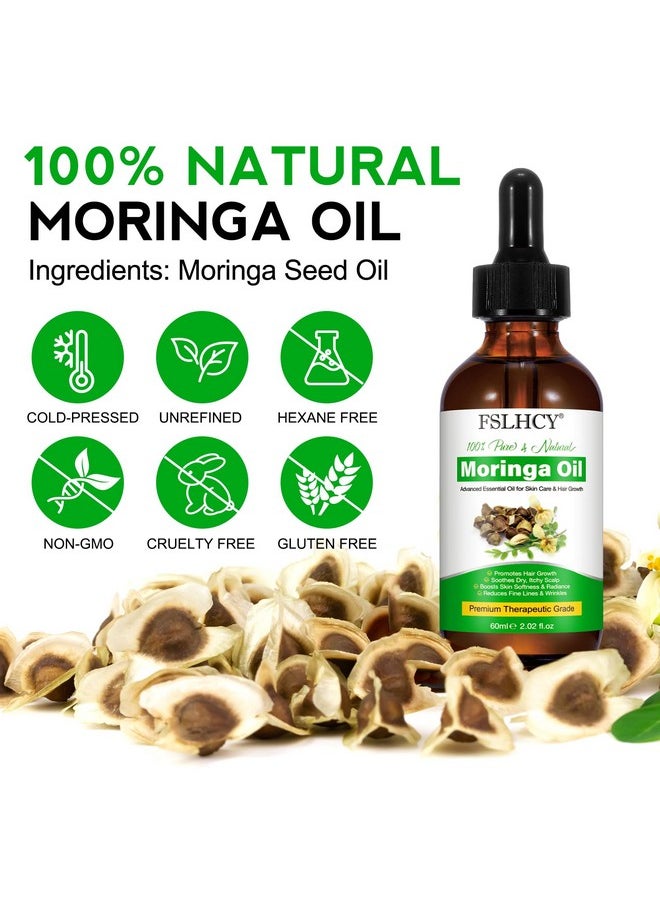 Moringa Oil Pure, Moringa Seed Oil for Face & Hair Growth & Moisturizer & Massage Oil Natural Cold Pressed Reduces Fine Lines, Antioxidant & Anti-ageing (60ML)