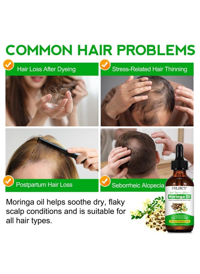 Moringa Oil Pure, Moringa Seed Oil for Face & Hair Growth & Moisturizer & Massage Oil Natural Cold Pressed Reduces Fine Lines, Antioxidant & Anti-ageing (60ML)