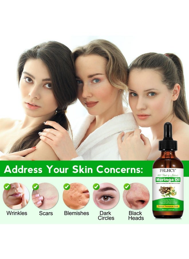 Moringa Oil Pure, Moringa Seed Oil for Face & Hair Growth & Moisturizer & Massage Oil Natural Cold Pressed Reduces Fine Lines, Antioxidant & Anti-ageing (60ML)