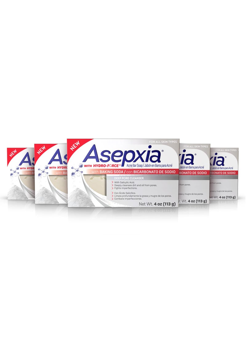 Asepxia Cleansing Bar Baking Soda, Multipack: Deep Skin Cleansing, Acne Fighting with 2% Salicylic Acid, Removes Oil and Dirt, Prevents Imperfections, Suitable for All Skin Types - 4 Oz, 5 Count