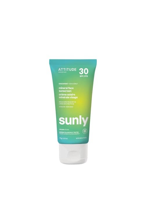 ATTITUDE Mineral Face Sunscreen with Zinc Oxide, SPF 30, EWG Verified, Broad Spectrum UVA/UVB Protection, Dermatologically Tested, Vegan, Unscented, 2.6 Ounces