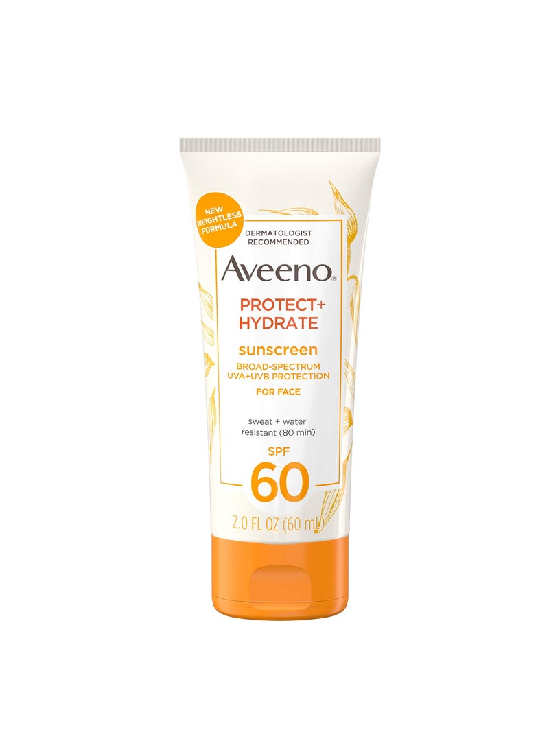 Aveeno Protect + Hydrate Sunscreen Moisturizing Face Lotion with Broad Spectrum SPF 60 and Prebiotic Oat, Paraben, Phthalate, Oxybenzone and Oil Free Sunscreen for Sensitive Skin, 2.0 FL OZ