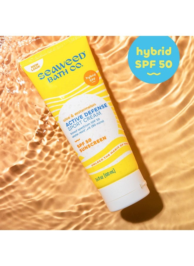 Seaweed Bath Co. Active Defense SPF 50 Sport Broad Spectrum Hybrid Sunscreen Cream, 3.4 Ounce (Pack of 2), Sustainably Harvested Seaweed, Aloe, Watermelon