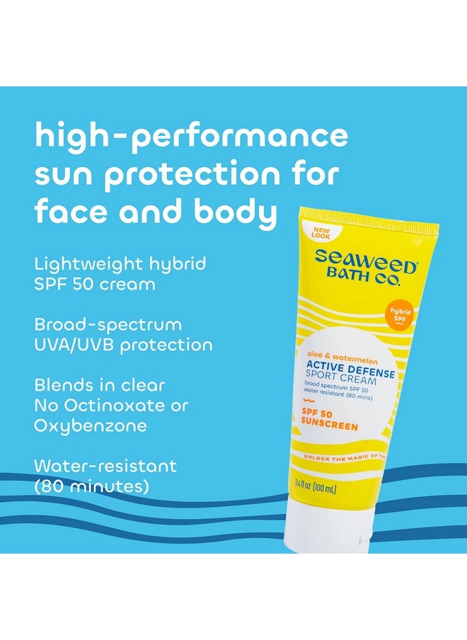 Seaweed Bath Co. Active Defense SPF 50 Sport Broad Spectrum Hybrid Sunscreen Cream, 3.4 Ounce (Pack of 2), Sustainably Harvested Seaweed, Aloe, Watermelon