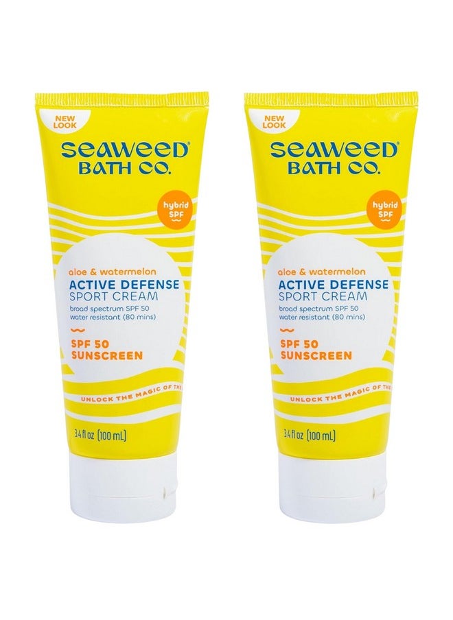 Seaweed Bath Co. Active Defense SPF 50 Sport Broad Spectrum Hybrid Sunscreen Cream, 3.4 Ounce (Pack of 2), Sustainably Harvested Seaweed, Aloe, Watermelon