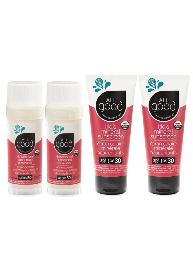 All Good Baby & Kids Mineral Face & Body Sunscreen - UVA/UVB Broad Spectrum, Coral Reef Friendly, Water Resistant, Zinc Oxide - (2) SPF 50 Butter Sticks & (2) SPF 30 Lotions