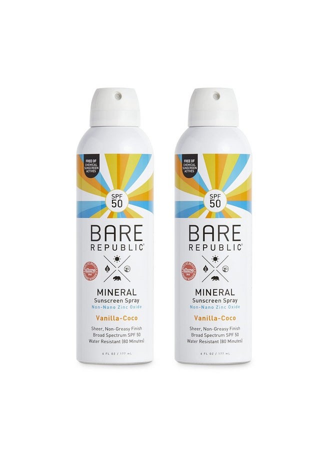 Bare Republic Mineral SPF 50 Sport Sunscreen Spray. Vanilla-Coco Sheer and Strong Water-Resistant Sunscreen Spray with SPF 50 (12 Ounces) 2 Pack.