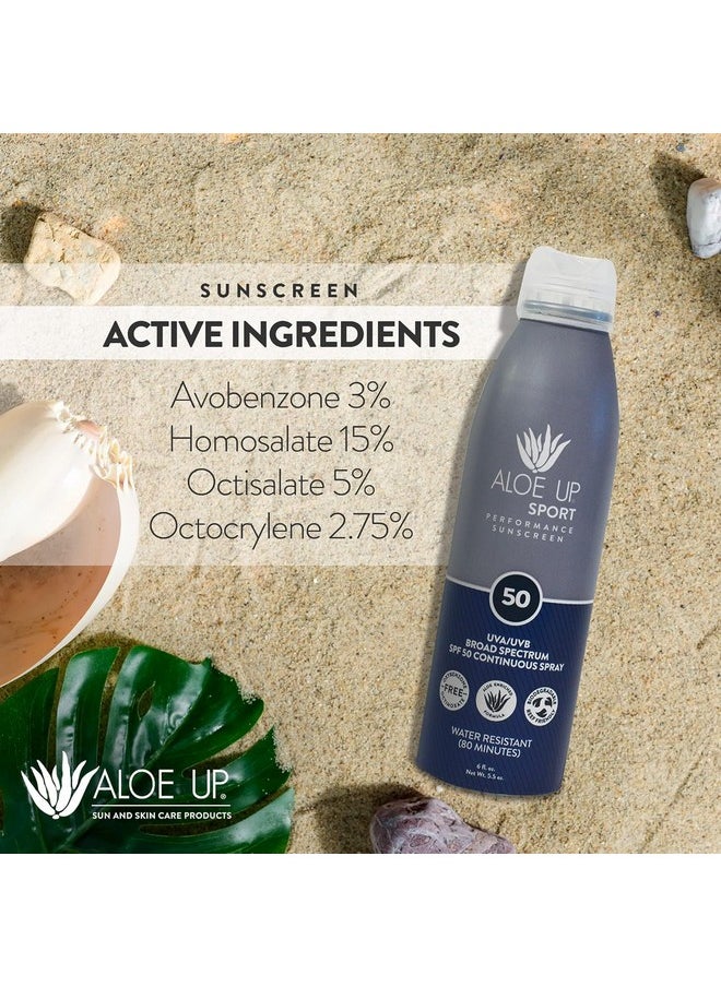Aloe Up Sport Continuous Spray Sunscreen SPF 50- Broad Spectrum UVA/UVB Sunscreen Protector for Face and Body With Aloe Vera Gel Fast Absorbing Sheer Formula Reef Safe Fragrance-Free - 6 Oz 2 pack