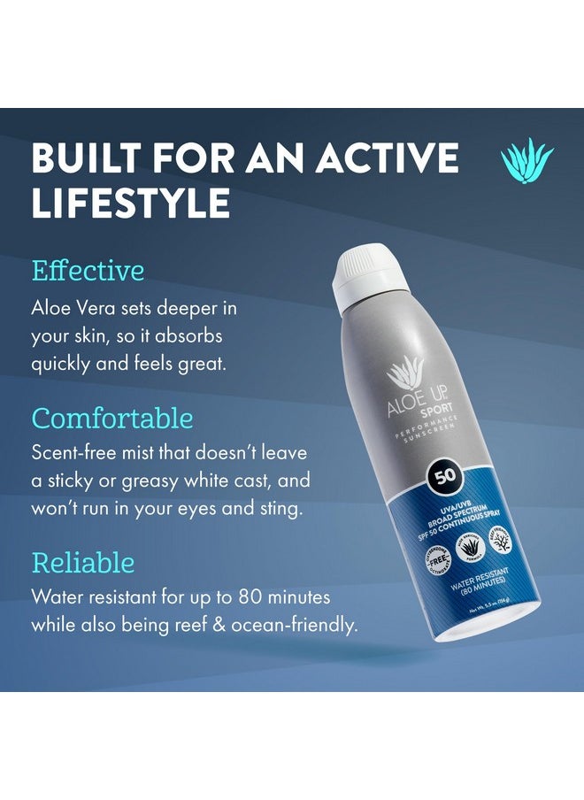 Aloe Up Sport Continuous Spray Sunscreen SPF 50- Broad Spectrum UVA/UVB Sunscreen Protector for Face and Body With Aloe Vera Gel Fast Absorbing Sheer Formula Reef Safe Fragrance-Free - 6 Oz 2 pack