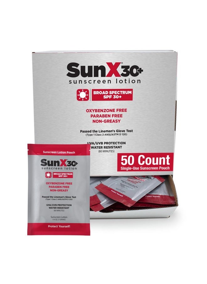 CoreTex Sun X 30+ SPF Broad Spectrum Sunscreen Packets - Pack of 50 Paraben, Oxybenzone, Octinoxate, & Oil Free Sunscreen - No White Cast and Water & Sweat Resistant Up to 80 Minutes