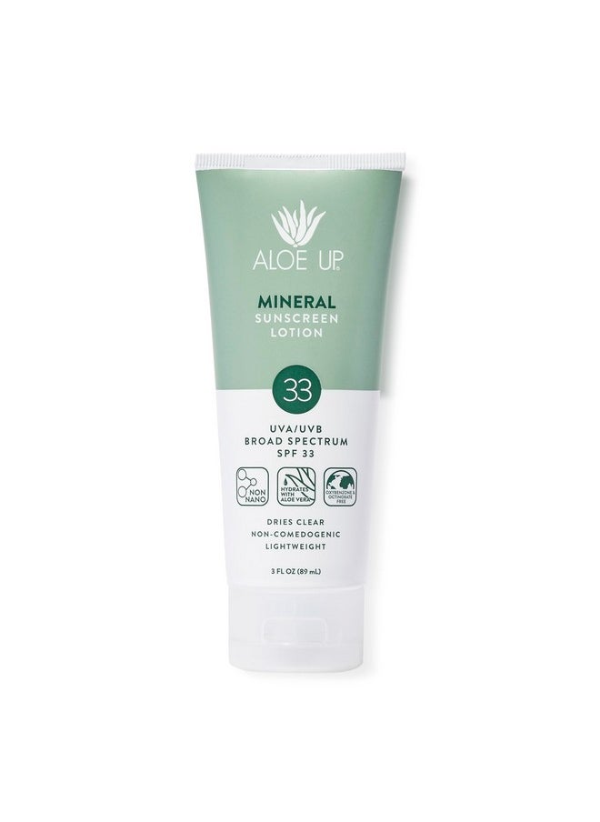 Aloe Up Mineral Sunscreen Lotion SPF 33 Broad Spectrum UVA/UVB Sunscreen Protector for Face and Body-With Gen2 Zinc Oxide and Aloe Vera Gel Dries Clear Reef Safe Coco-Mango Fragrance - 3 Oz