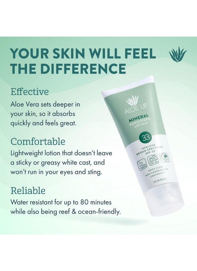 Aloe Up Mineral Sunscreen Lotion SPF 33 Broad Spectrum UVA/UVB Sunscreen Protector for Face and Body-With Gen2 Zinc Oxide and Aloe Vera Gel Dries Clear Reef Safe Coco-Mango Fragrance - 3 Oz