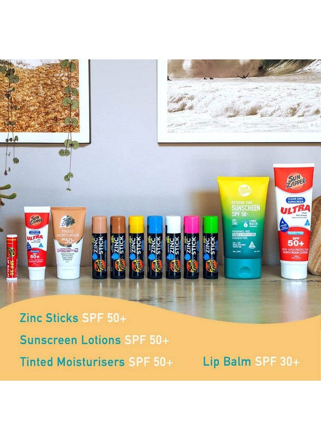 Sun Zapper Zinc Stick Mineral Sunscreen Blue SPF 50+ Water Resistant for Face & Body, Adults, Kids, 4-Pack Broad Spectrum Sun Block, Made in Australia